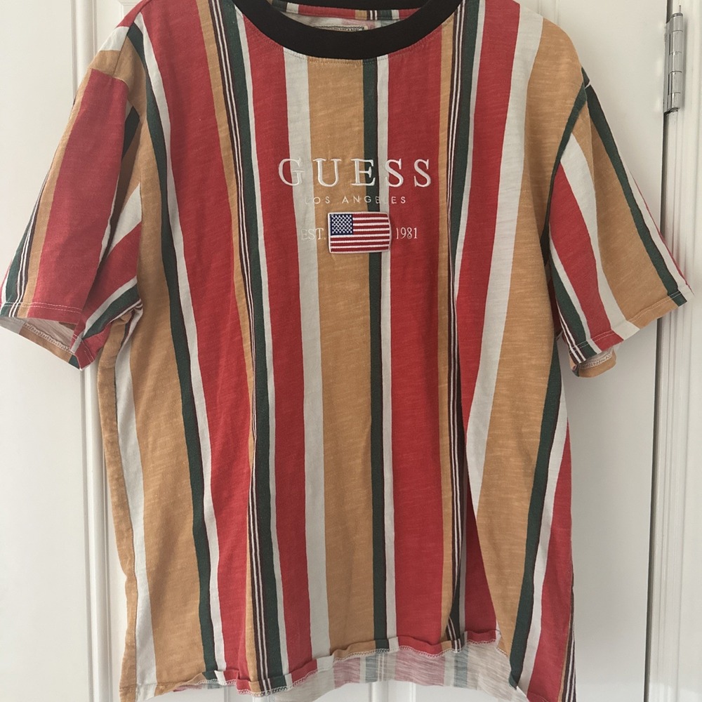 Guess David Sayer Y2K L VTG Cotton Shirt Red Gold Striped 90s 80s Flag Logo
